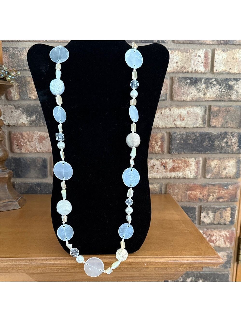 Artisan 40” mother of pearl and fabric beaded Necklace